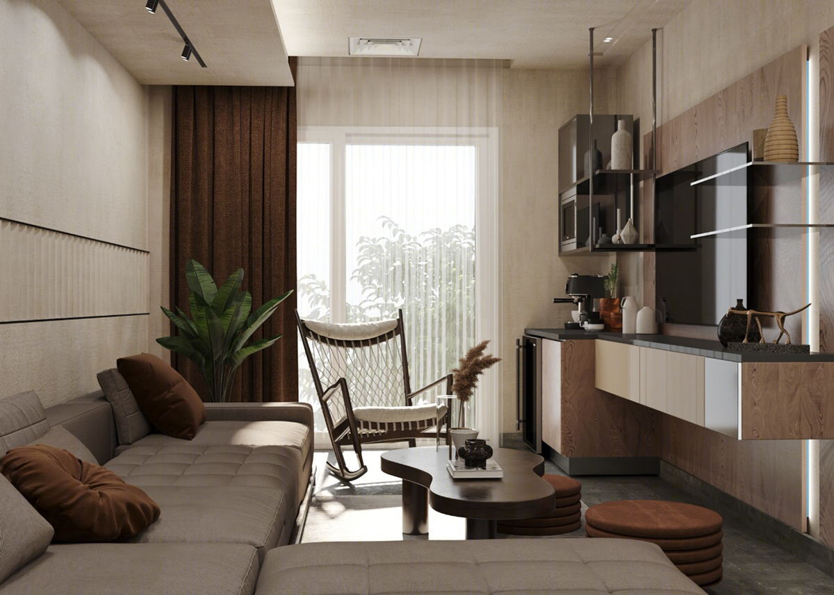 Anastasiya Gushchina丨平层丨Living room & kitchenette-0