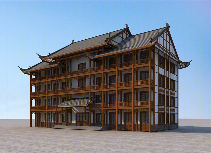 中式风格办公楼建筑外观设计案例效果图-2