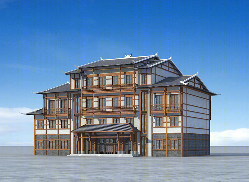 中式风格办公楼建筑外观设计案例效果图-15