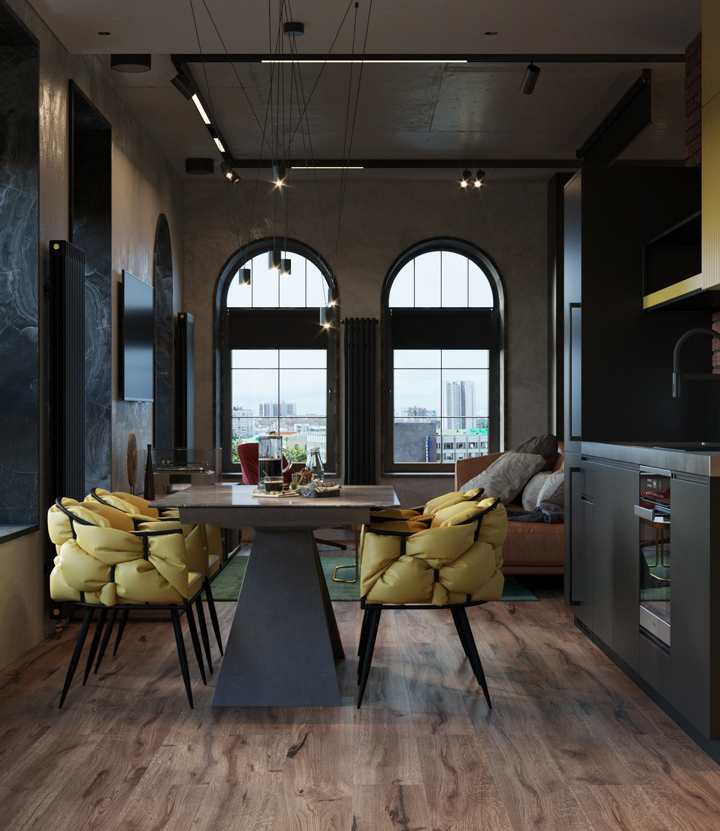 砖墙、黑色厨房和拱形窗户的时尚阁楼式公寓-7